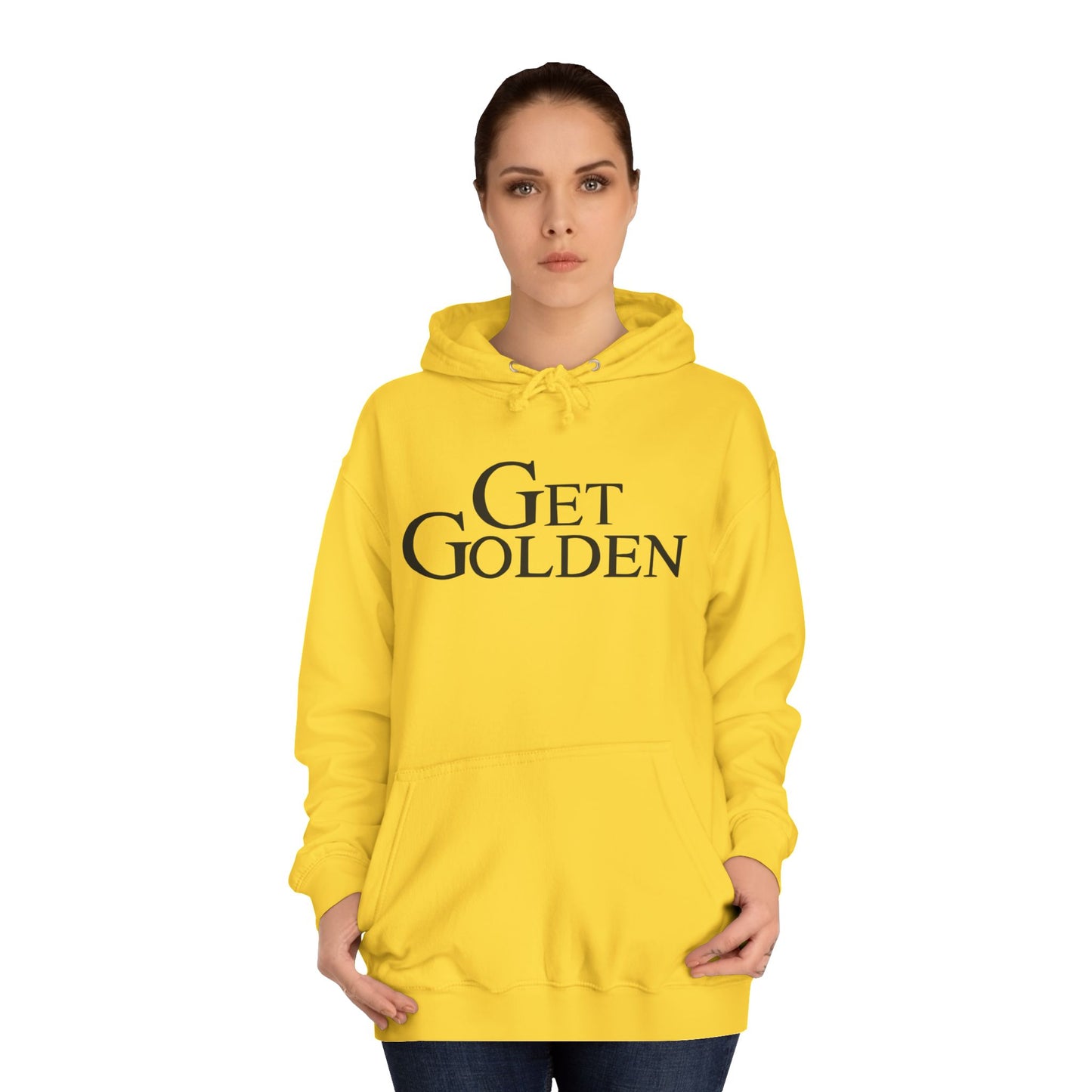 Bold & Fun Golden Girls-Inspired Pop Art "Get Golden" Unisex College Hoodie, Retro Design, Cozy Everyday Wear